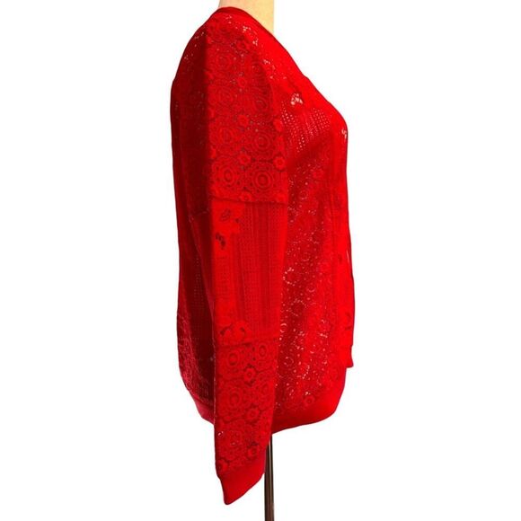 So Pretty! Chico's RED Lace Jacket Unlined Metal Zipper Close Ribbed Knit Trim 3 - Picture 3 of 5